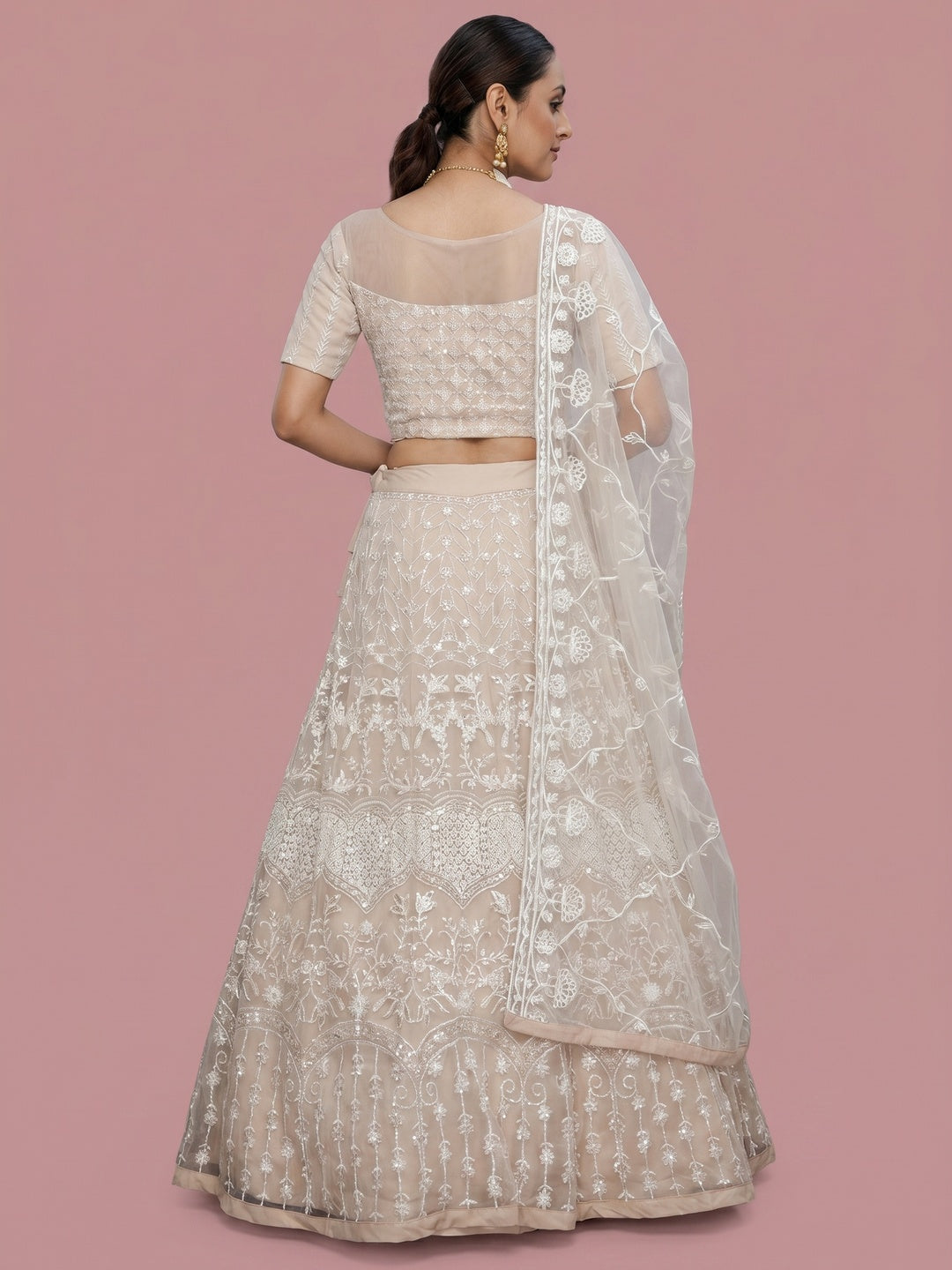 Opulent Beige Colored Party Wear Embroidered Net Lehenga Choli - Image 1