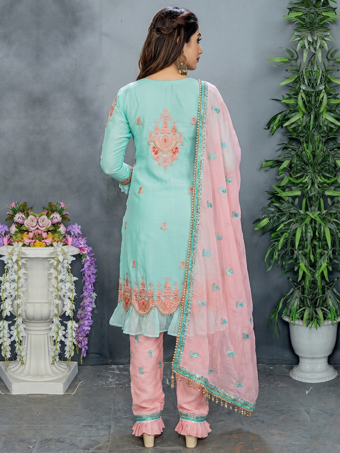Turquoise Colored Party Wear Embroidered Silk Pant Style Suit - Image 1