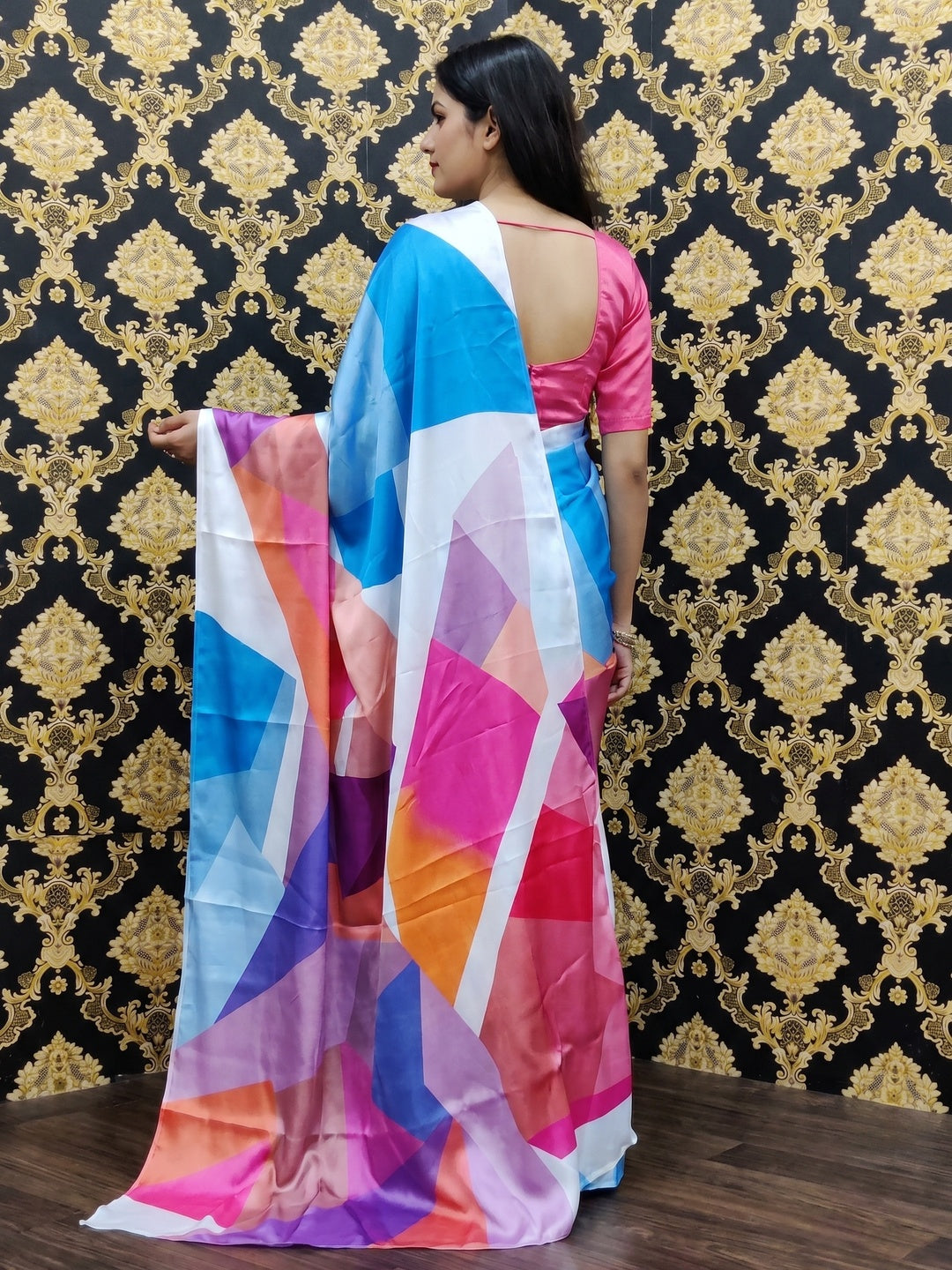 Ravishing Multi-Colored Casual Wear Digital Printed Satin  Saree - Image 3