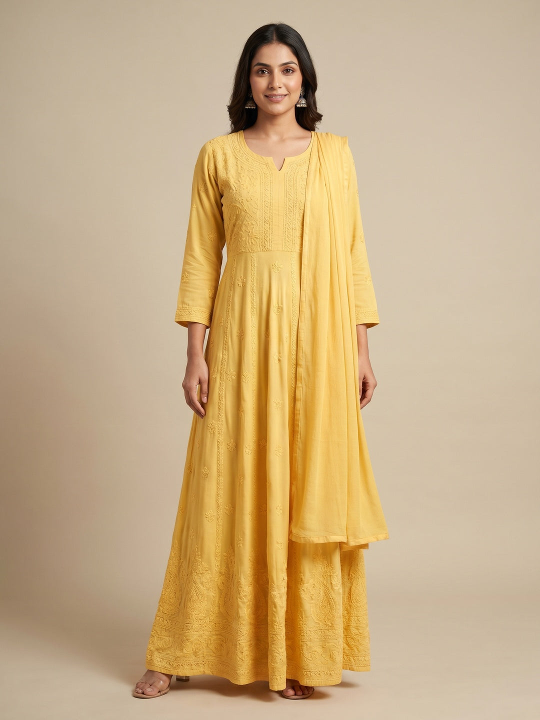 Yellow Lucknowi Chikankari With Embroidery Rayon Partywear Gown - Image 1