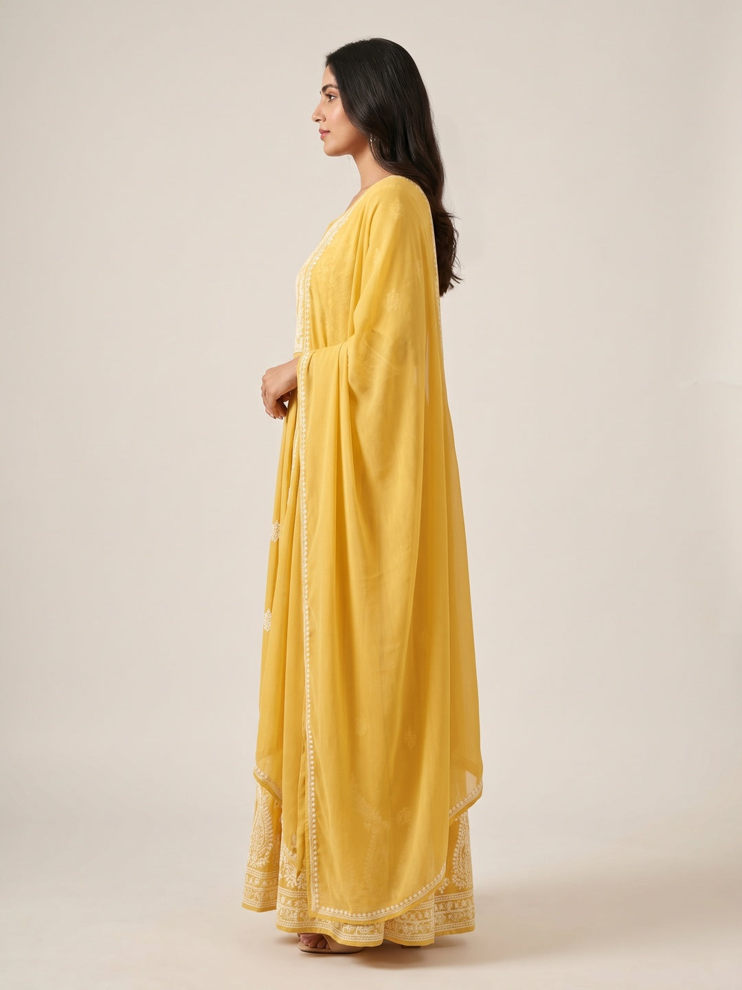 Yellow Lucknowi Chikankari With Embroidery Rayon Partywear Gown - Image 3