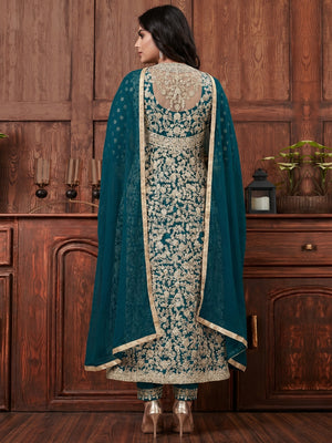 Hypnotic Aqua Blue Coloured Partywear Embroidered Butterfly Net Pakistani Straight Suit - Image 1