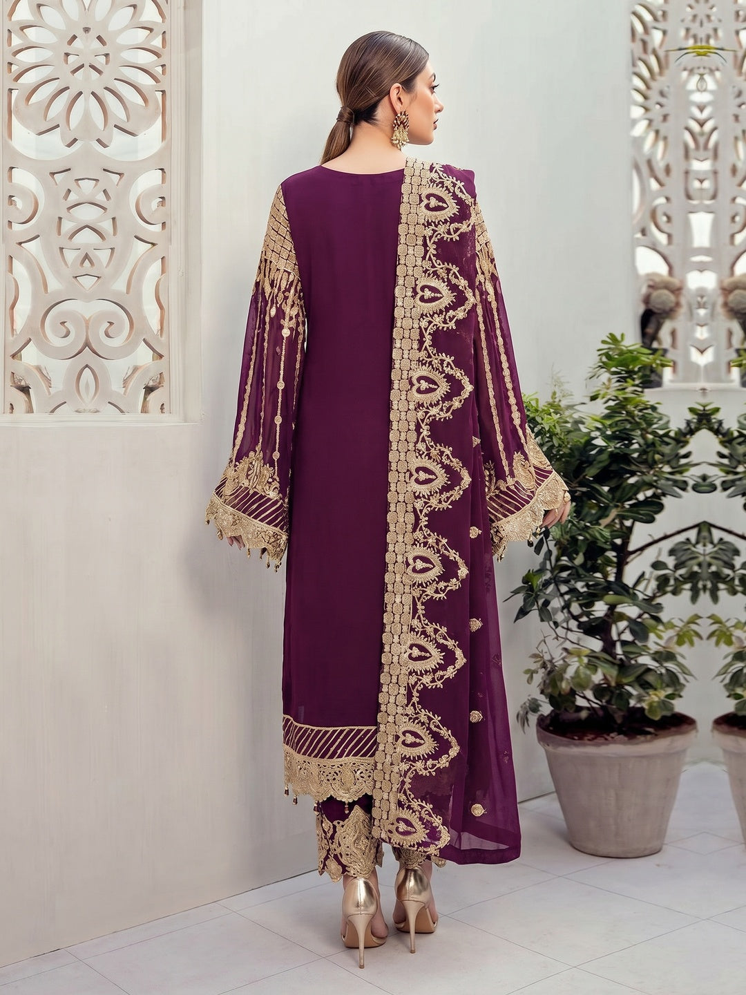Purple Partywear Embroidered Georgette Pakistani Suit - Image 2