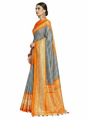Pleasance Gray-Orange Colored Festive Wear Printed Linen Saree - Image 2