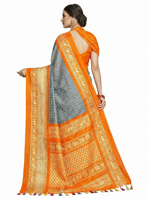 Pleasance Gray-Orange Colored Festive Wear Printed Linen Saree - Image 1