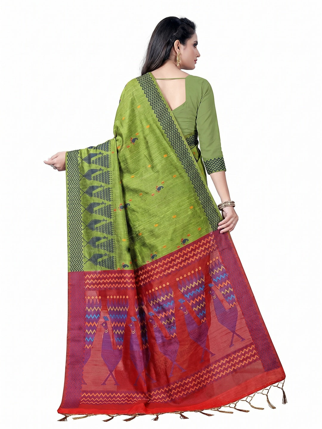 Flirty Green Colored Festive Wear Printed Cotton Saree - Image 3