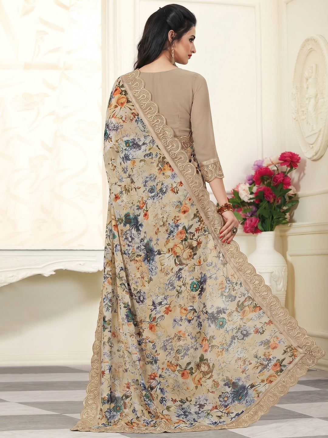 Adorable Light Brown Colored Partywear Printed Georgette Saree - Image 1