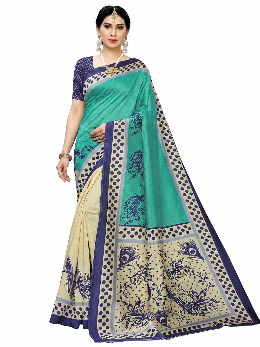 Cream Green Printed Art Silk Half N Half Saree - Image 1