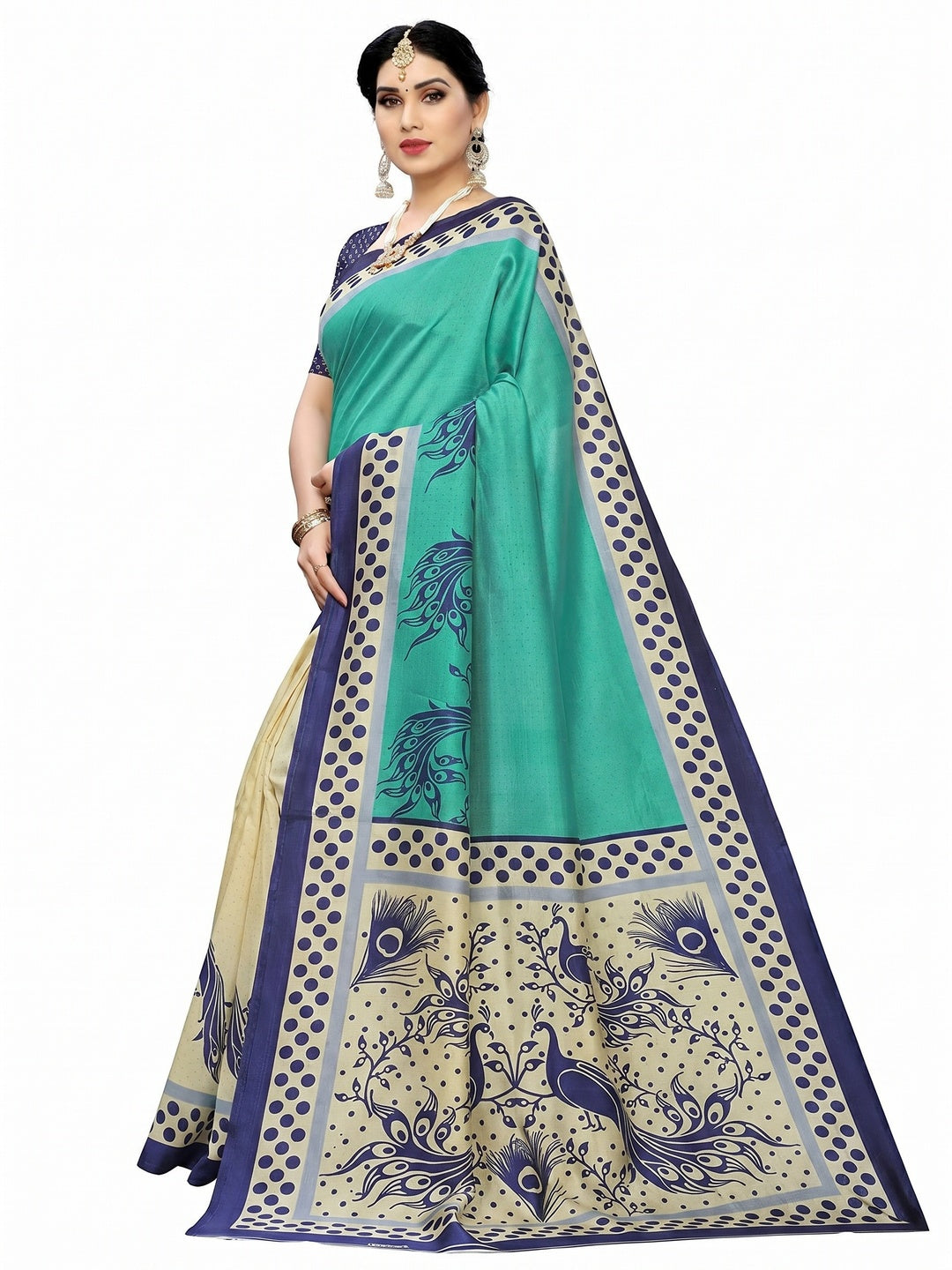 Cream Green Printed Art Silk Half N Half Saree - Image 3