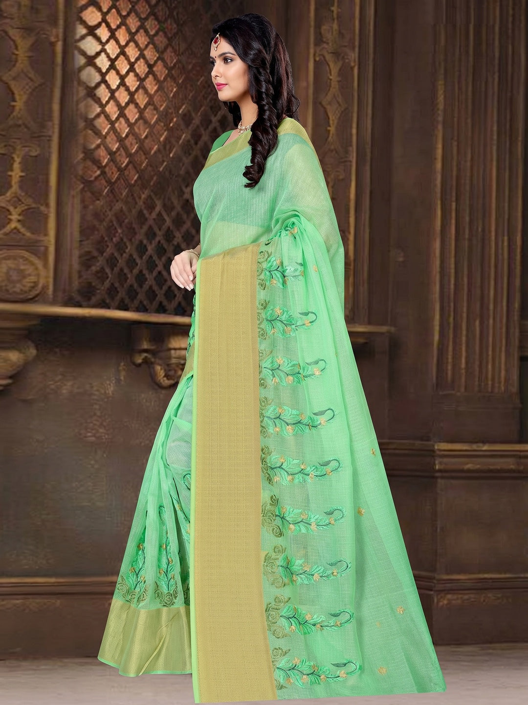 Ideal Green Colored Casual Wear Printed Net Saree - Image 1