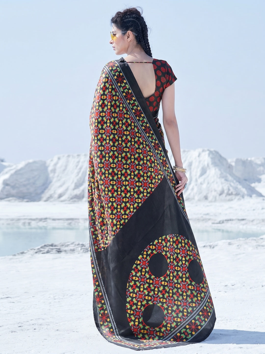 Pleasance Black Colored Casual Wear Printed Satin Crepe Saree - Image 1