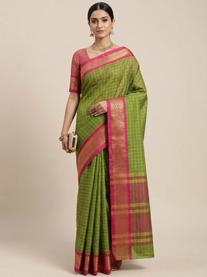 Mehndi Green Festive Wear Checks With Woven Border Cotton Silk Saree - Image 1