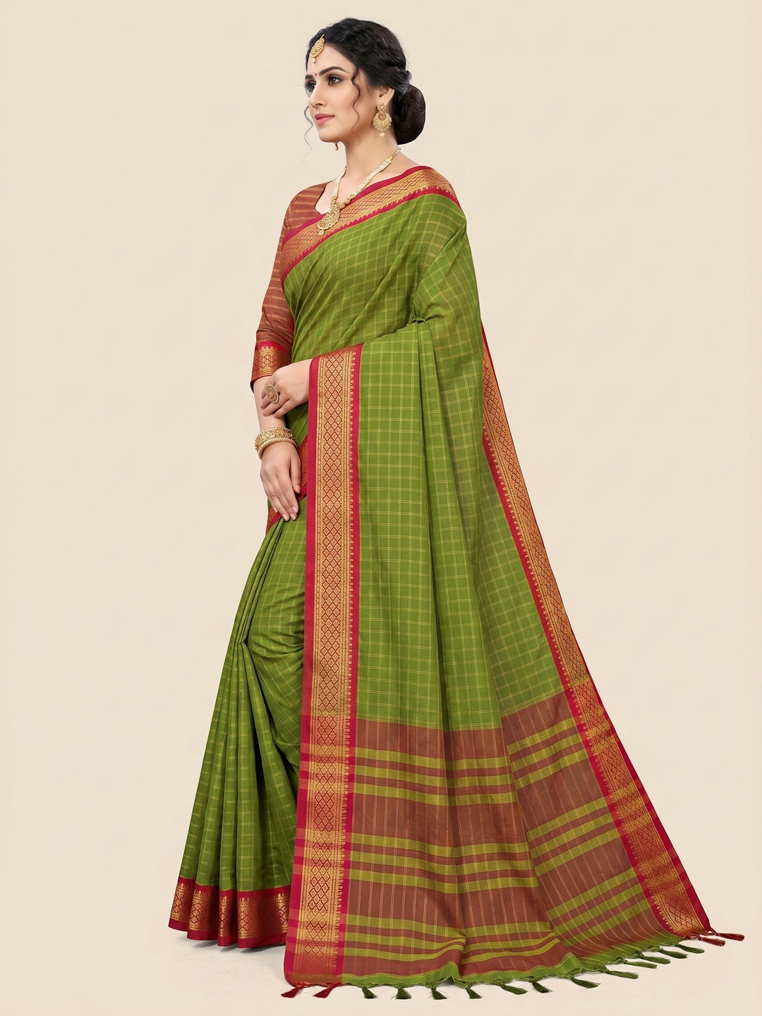 Mehndi Green Festive Wear Checks With Woven Border Cotton Silk Saree - Image 2