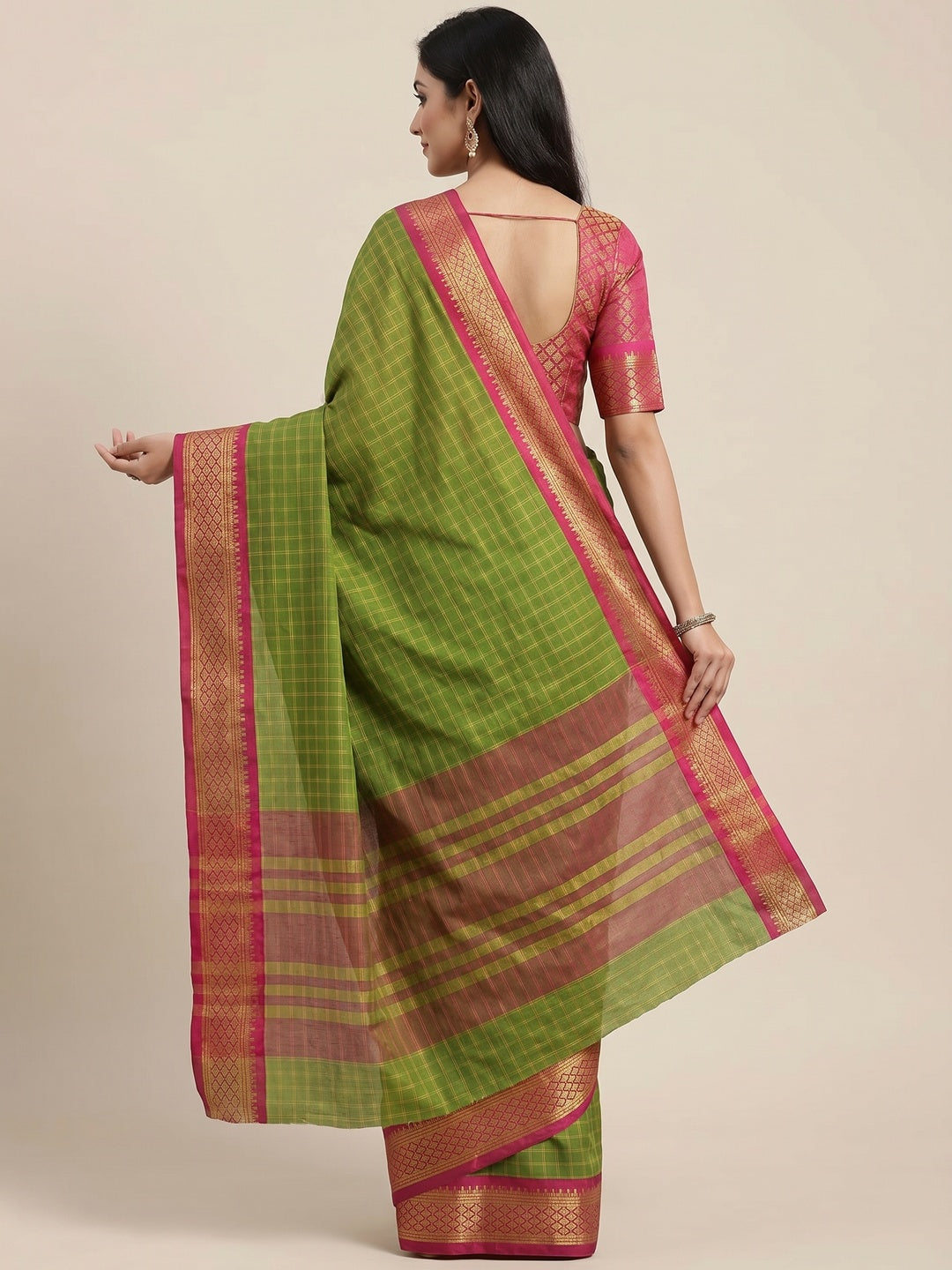 Mehndi Green Festive Wear Checks With Woven Border Cotton Silk Saree - Image 4