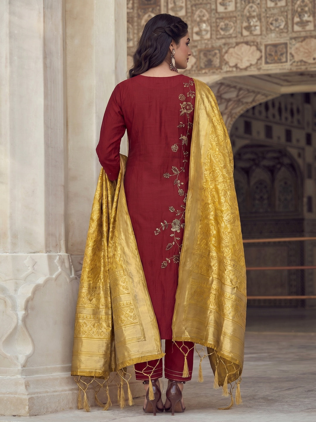 Red Partywear Floral Embroidered Silk Suit - Image 1