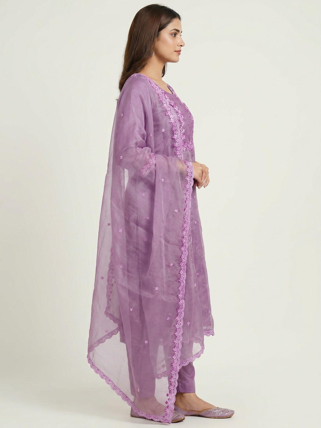 Lavender Festive Wear Floral Embroidered Organza Dress Material - Image 3