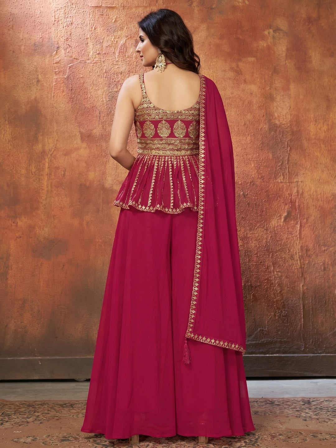 Rose Pink Party Wear Embroiddered Georgette Sharara Suit - Image 1