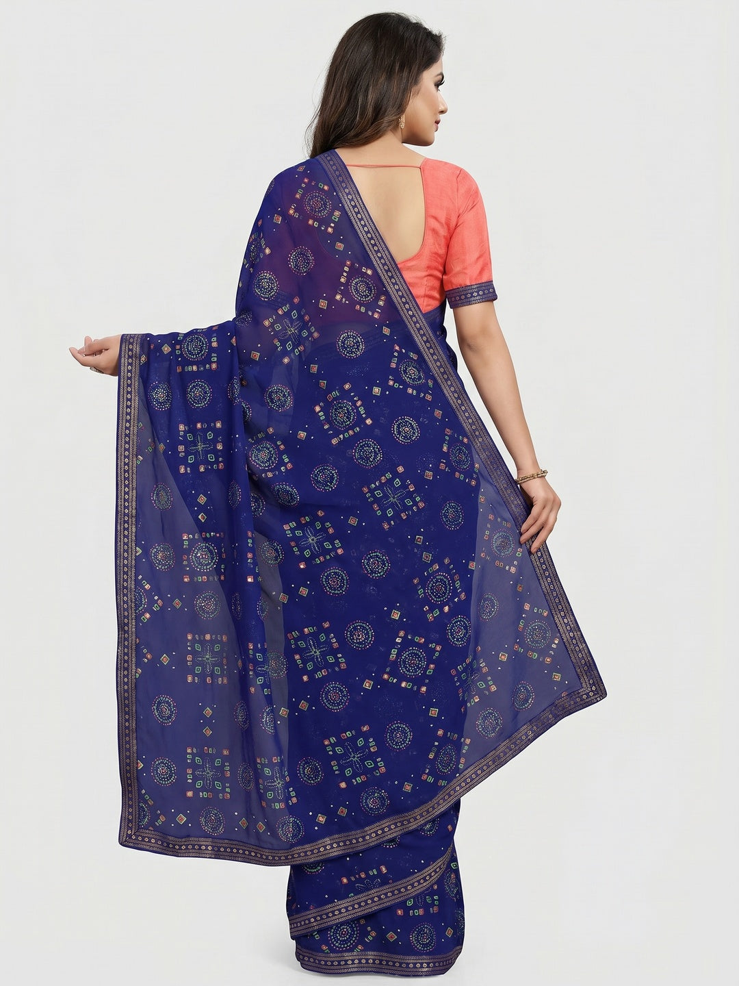 Navy blue Casual Wear Block Printed With Foil Work Georgette Saree - Image 3