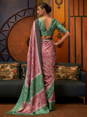 Pink Casual Wear Floral Printed Satin Silk Saree - Image 1