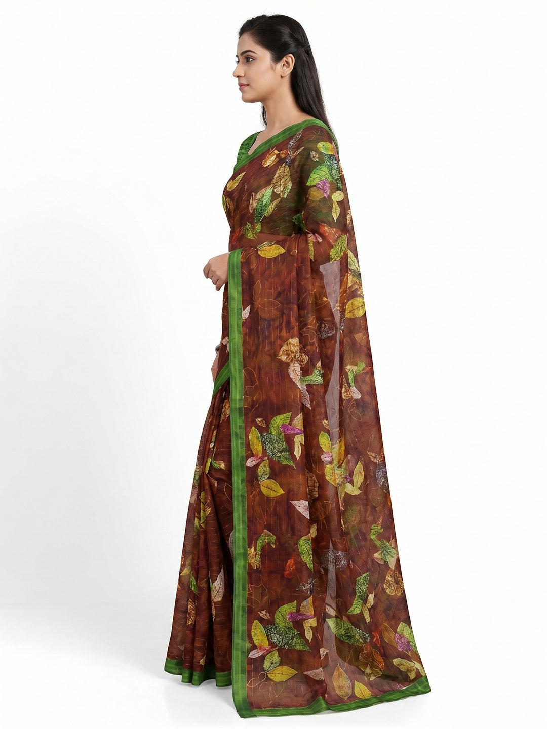 Brown Casual Wear Digital Printed Cotton Silk Saree - Image 2