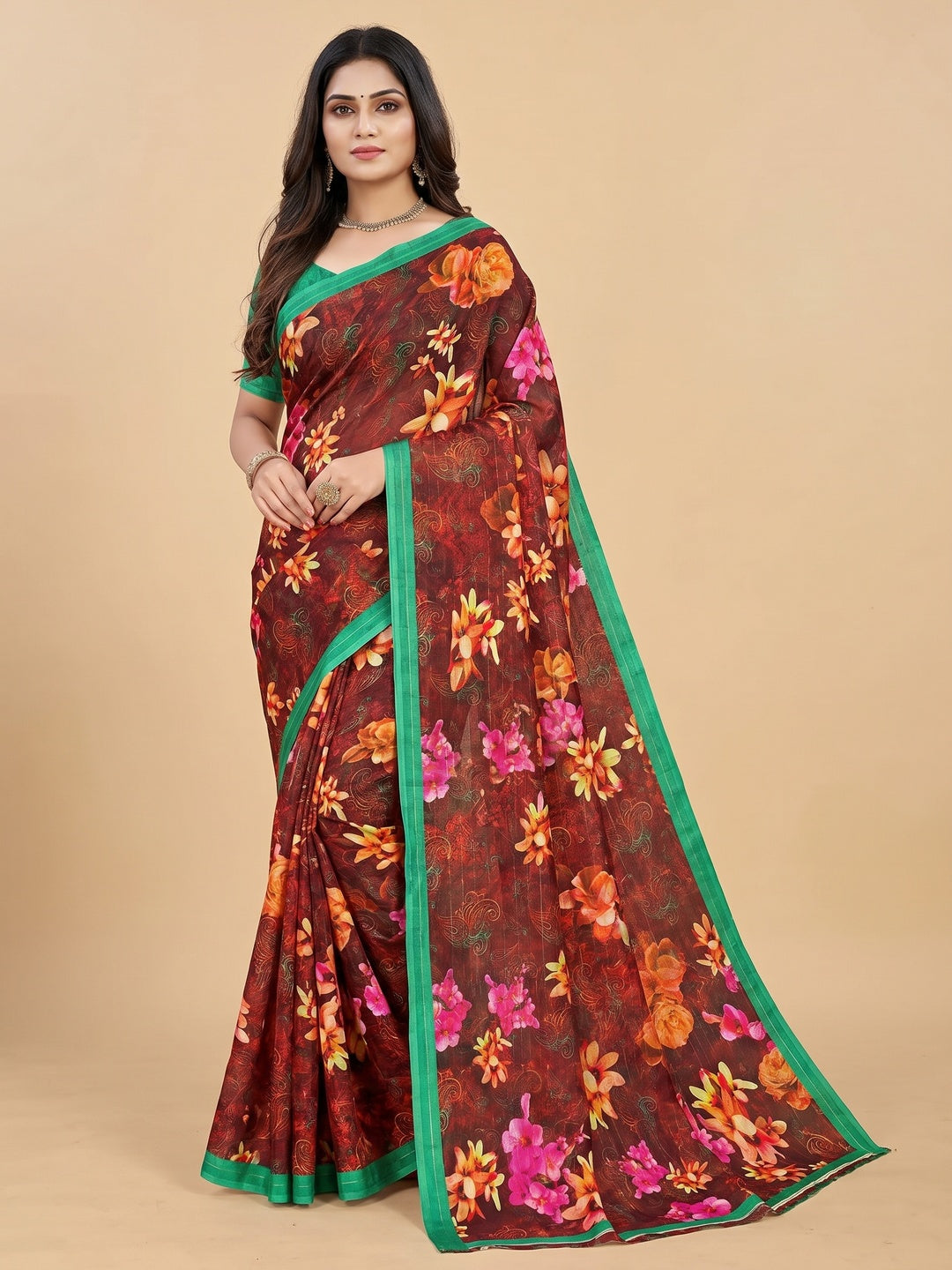 Maroon Casual Wear Digital Printed Cotton Silk Saree - Image 1