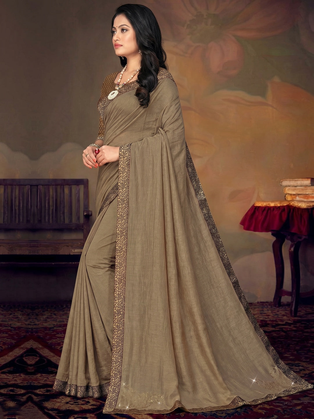Brown Festive Wear Lace Work Silk Saree - Image 1