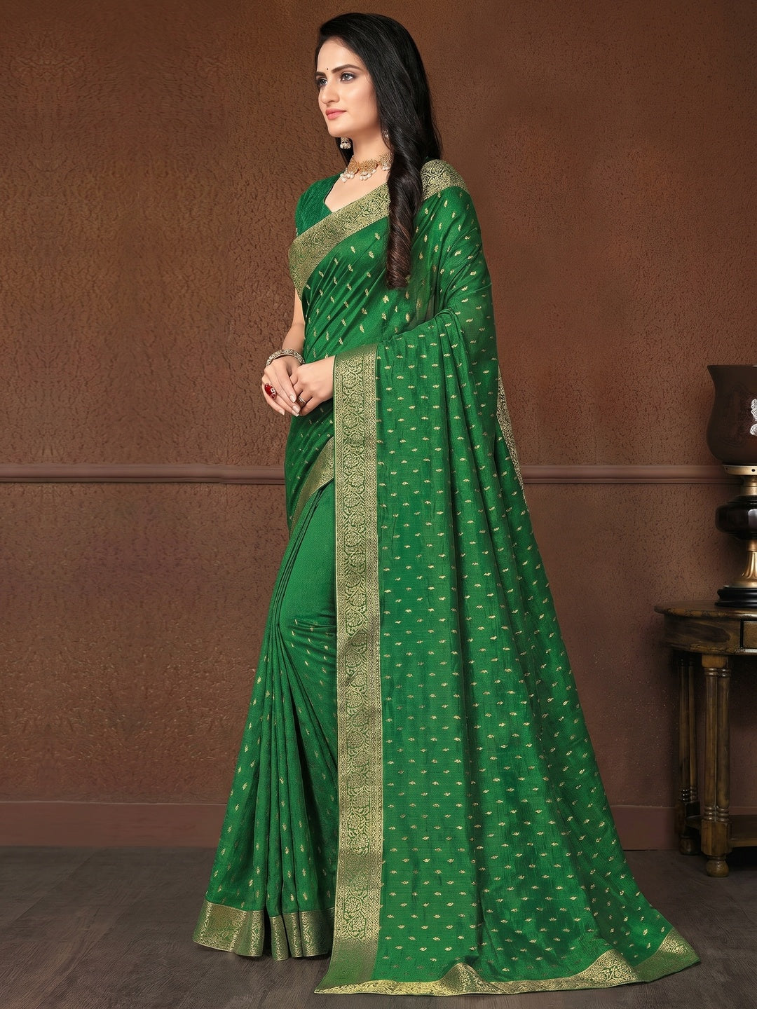 Green Foil Printed Vichitra Silk Saree With Jacquard Border - Image 1