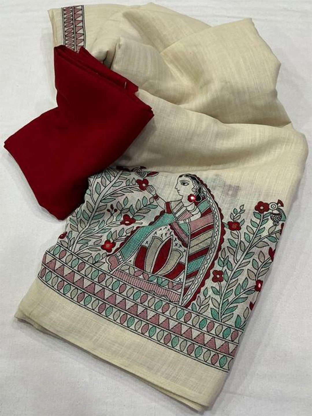 Elegant Offwhite Linen Saree with Traditional Kalamkari Border - Image 3