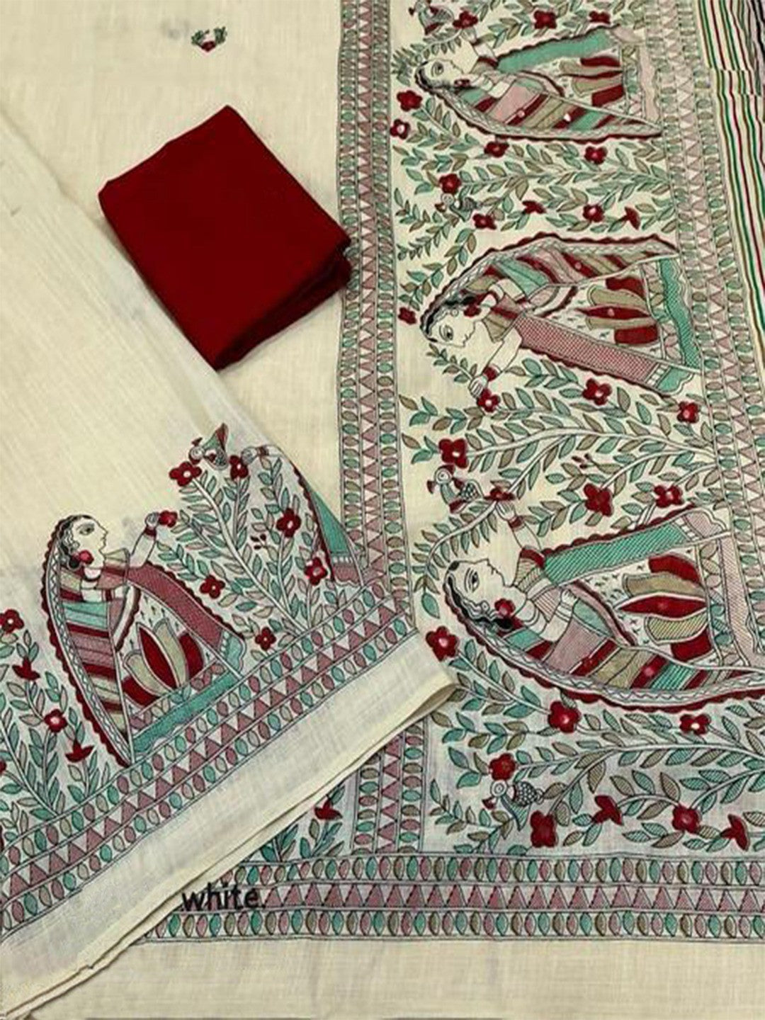 Elegant Offwhite Linen Saree with Traditional Kalamkari Border - Image 4