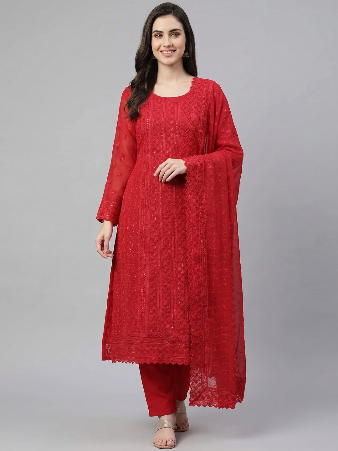 Red Festive Wear Lucknowi Embroidered Georgette Suit - Image 1