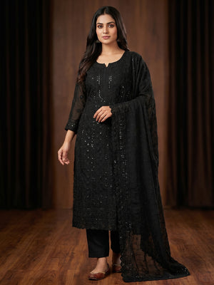 Black Festive Wear Lucknowi Embroidered Georgette Suit - Image 1
