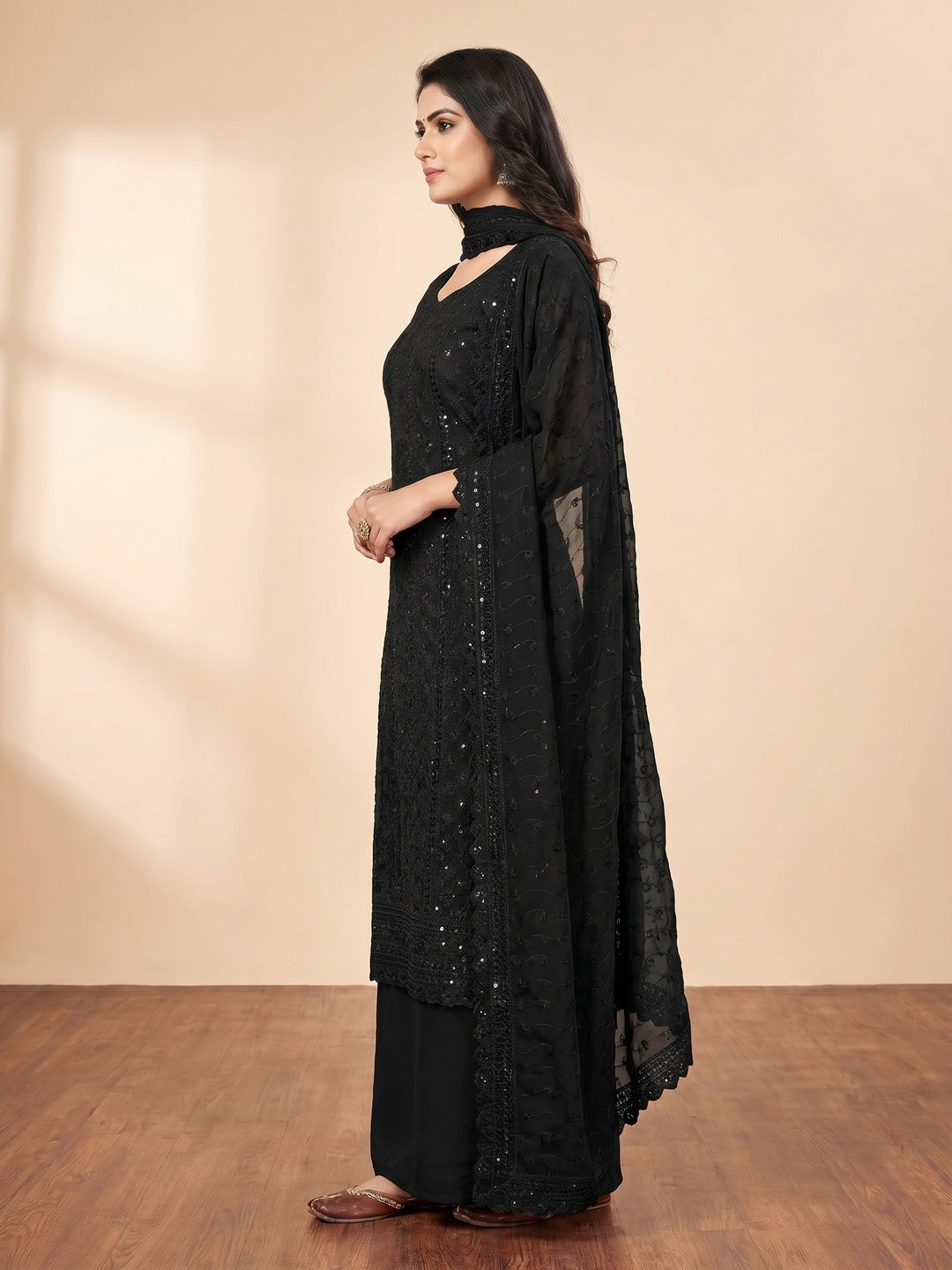Black Festive Wear Lucknowi Embroidered Georgette Suit - Image 3