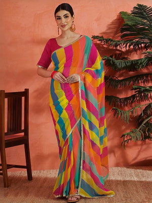 Multicolor Leheriya Printed Georgette Saree - Image 1