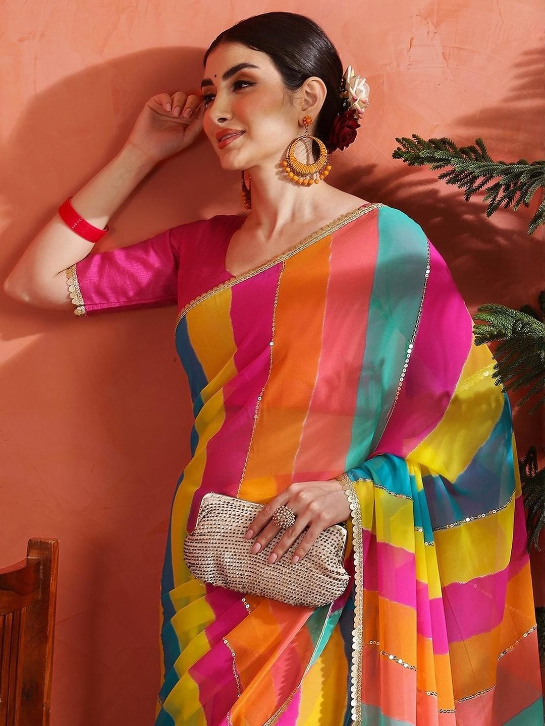 Multicolor Leheriya Printed Georgette Saree - Image 3