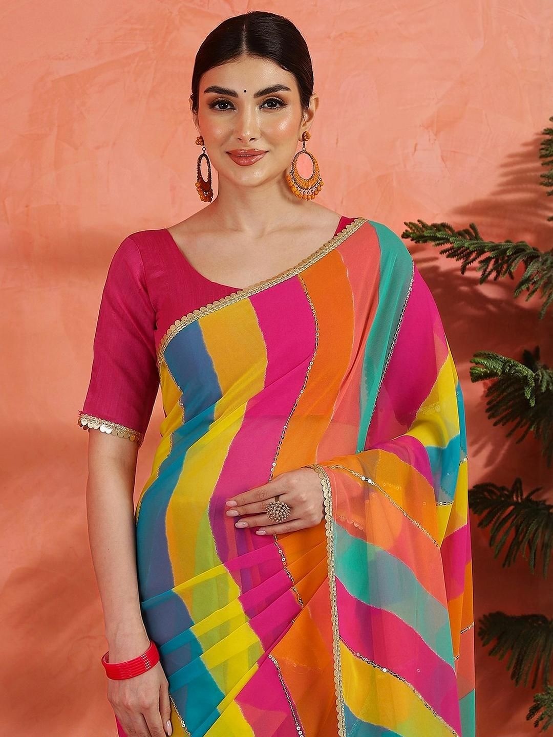 Multicolor Leheriya Printed Georgette Saree - Image 4