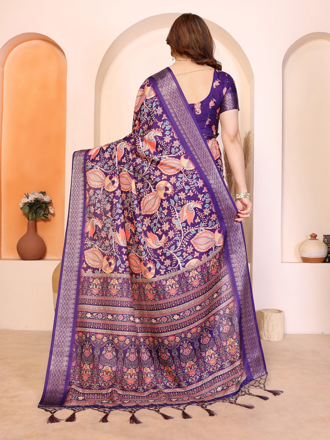 Peachmode Purple Cotton Silk Kalamkari Print Saree with Zari Border - Image 7