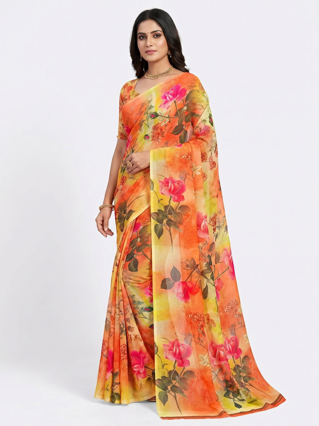 Multicolour Casual Wear Floral Printed Georgette Saree - Image 1