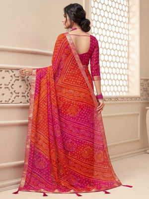 Orange-Pink Bandhani Printed Chiffon Saree With Tassels - Image 1