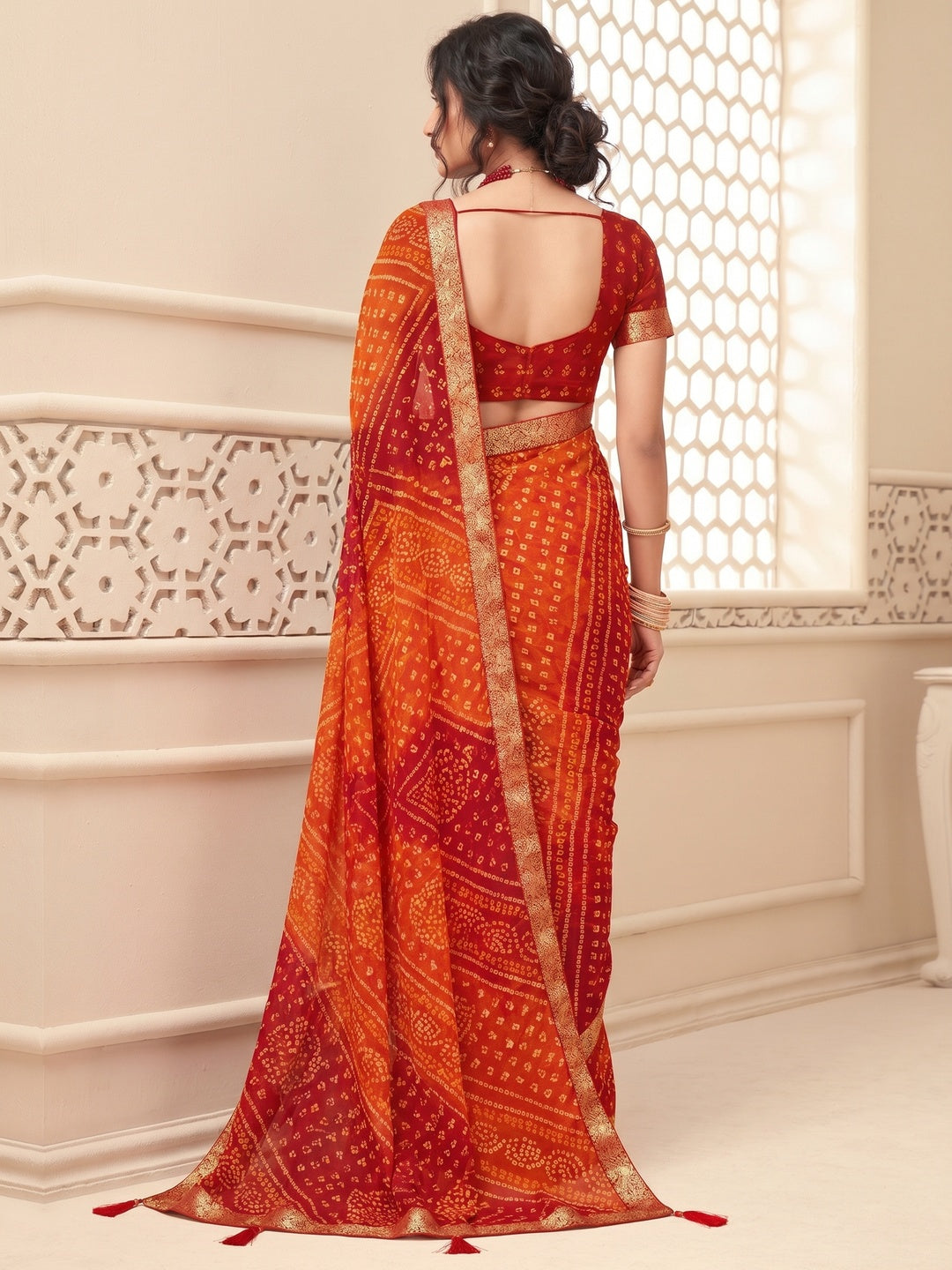 Red Bandhani Printed Chiffon Saree With Tassels - Image 2