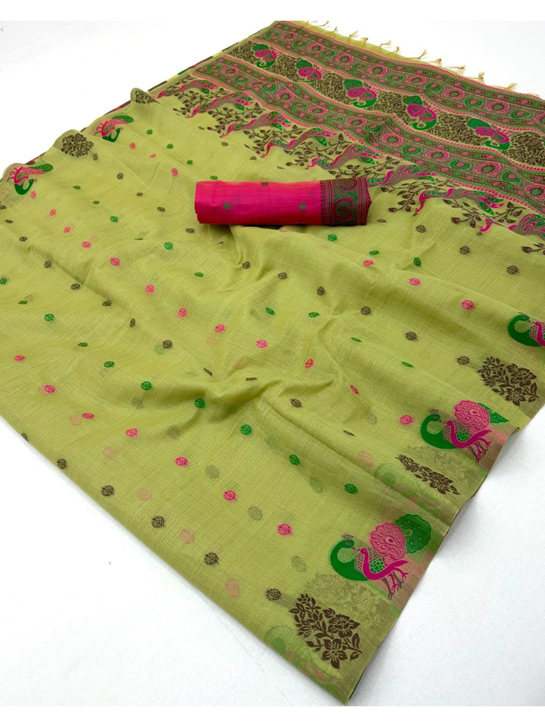 Elegant Green Cotton Blend Saree with Traditional Peacock Woven Motifs - Image 2
