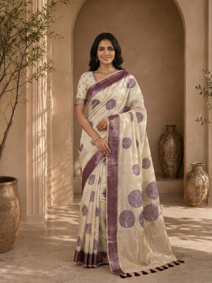 Beige & Purple Meenakari Crafted Soft Muga Cotton Saree Designed for Elegant Festive Styling - Image 1
