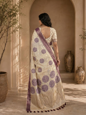Beige & Purple Meenakari Crafted Soft Muga Cotton Saree Designed for Elegant Festive Styling - Image 2