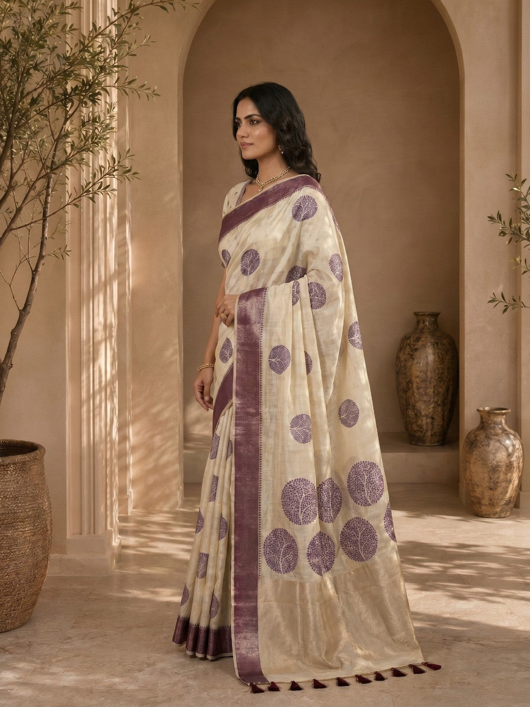 Beige & Purple Meenakari Crafted Soft Muga Cotton Saree Designed for Elegant Festive Styling - Image 3