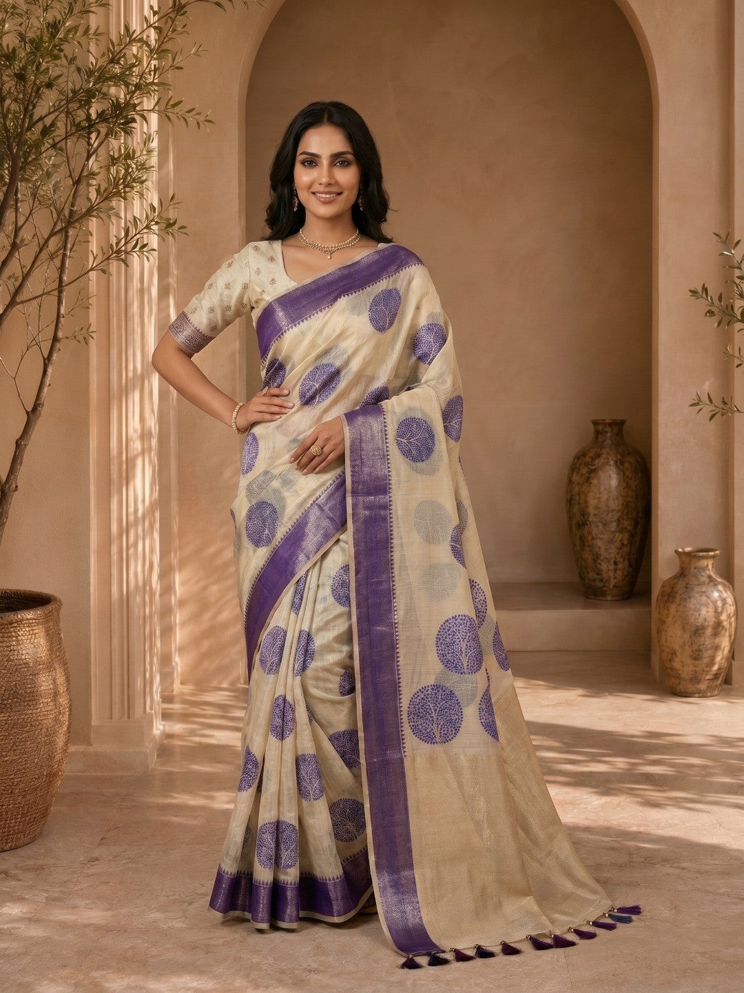 Beige & Blue Meenakari Crafted Soft Muga Cotton Saree Designed for Elegant Festive Styling - Image 1