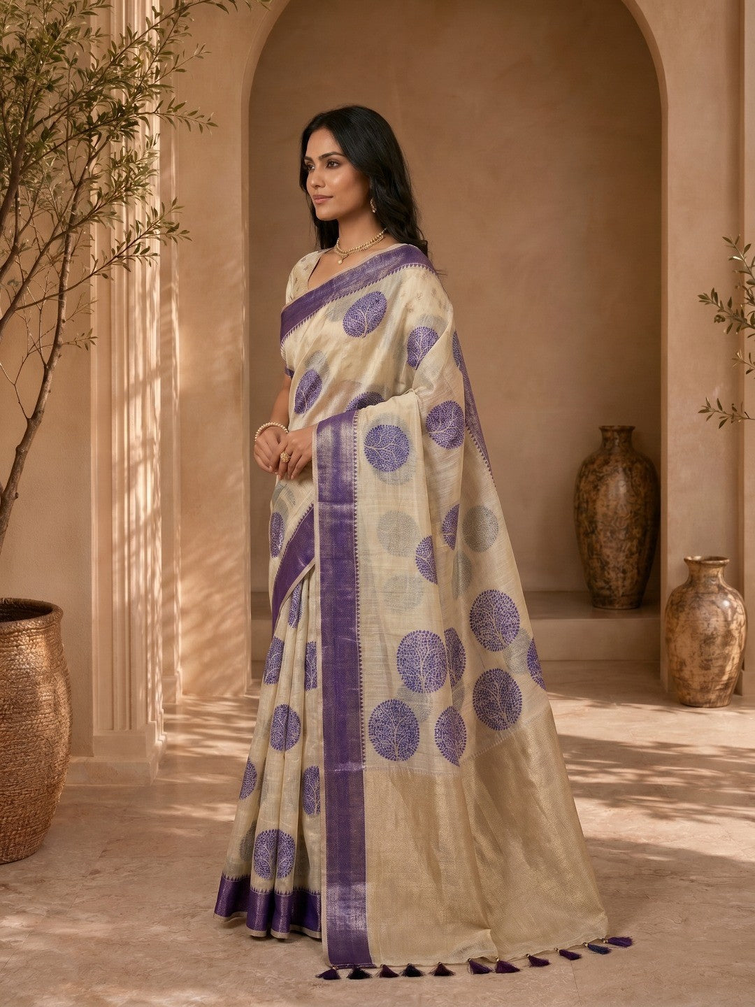 Beige & Blue Meenakari Crafted Soft Muga Cotton Saree Designed for Elegant Festive Styling - Image 3