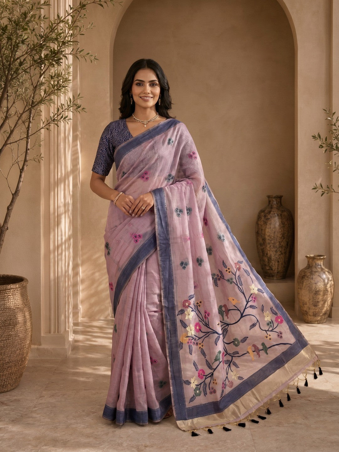 Lavender Meenakari Weaving Soft Muga Cotton Saree Designed for a Graceful Ethnic Appeal - Image 1