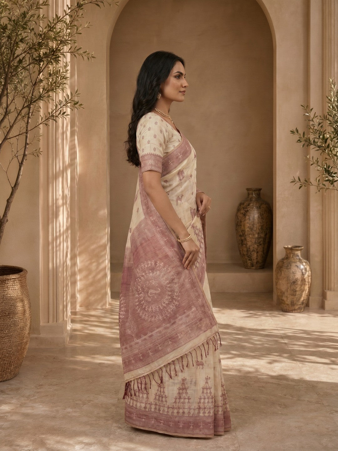 Beige & Wine Meenakari Crafted Soft Muga Cotton Saree Designed for Elegant Festive Styling - Image 3