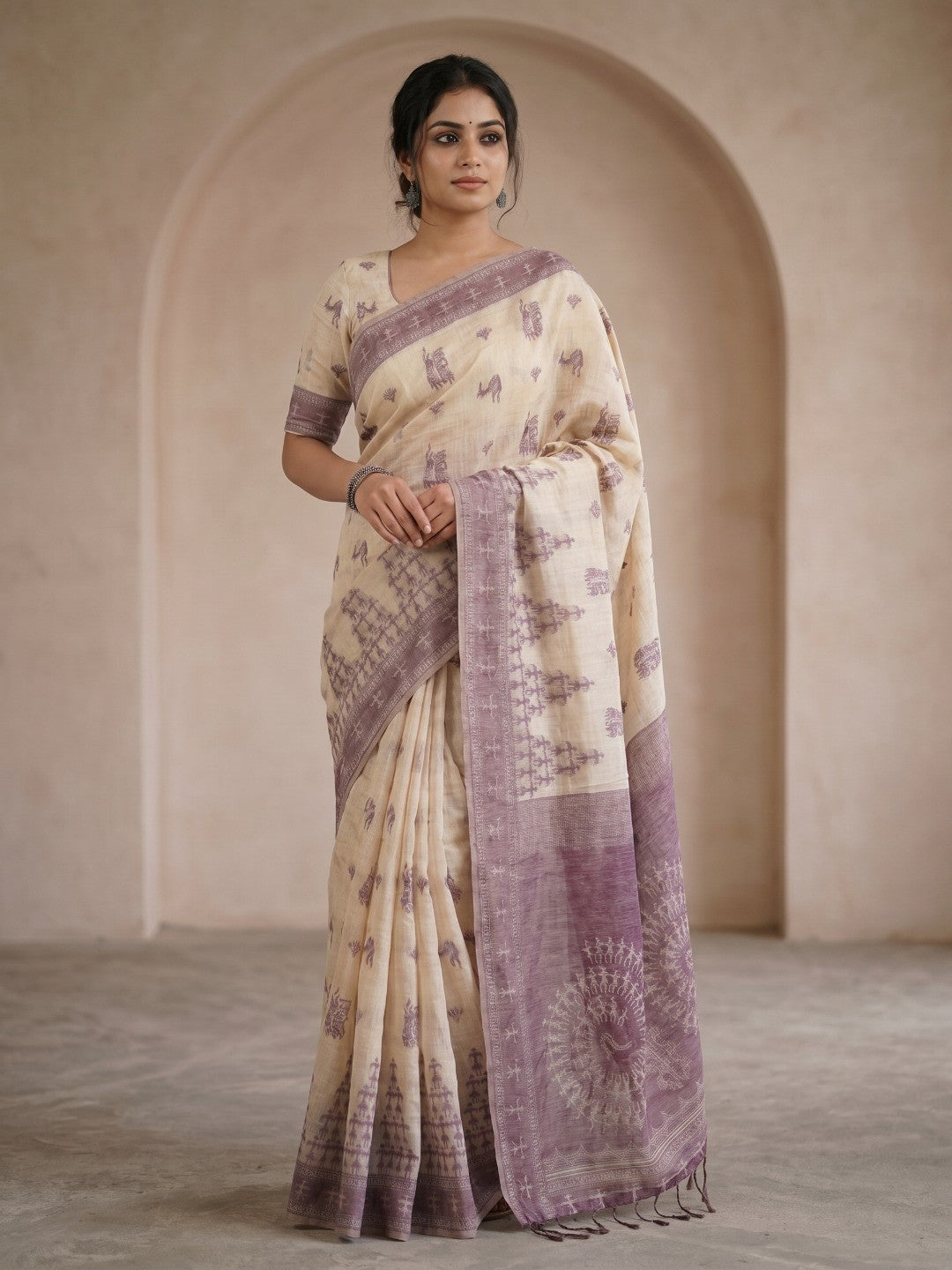 Beige & Purple Meenakari Crafted Soft Muga Cotton Saree Designed for Elegant Festive Style - Image 1