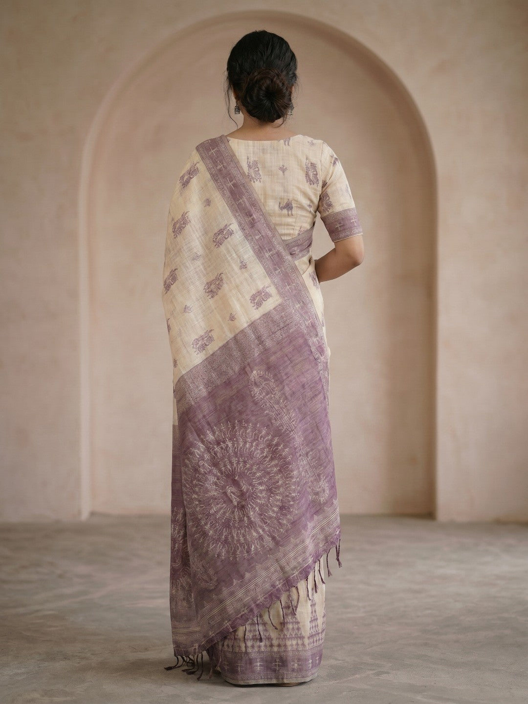 Beige & Purple Meenakari Crafted Soft Muga Cotton Saree Designed for Elegant Festive Style - Image 2