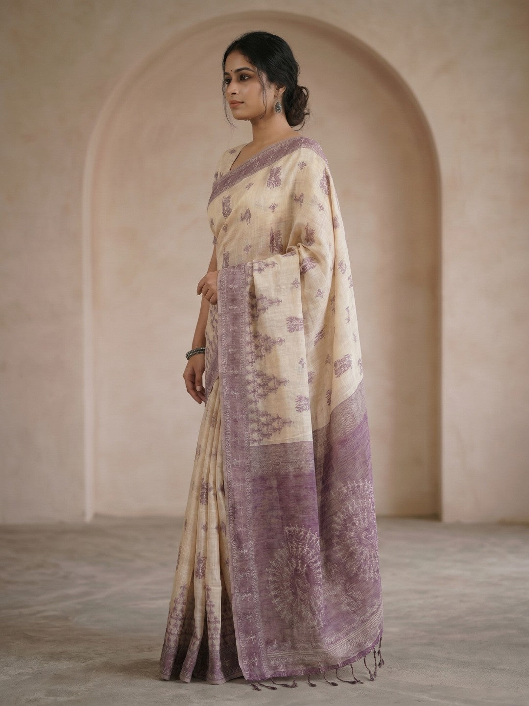 Beige & Purple Meenakari Crafted Soft Muga Cotton Saree Designed for Elegant Festive Style - Image 3